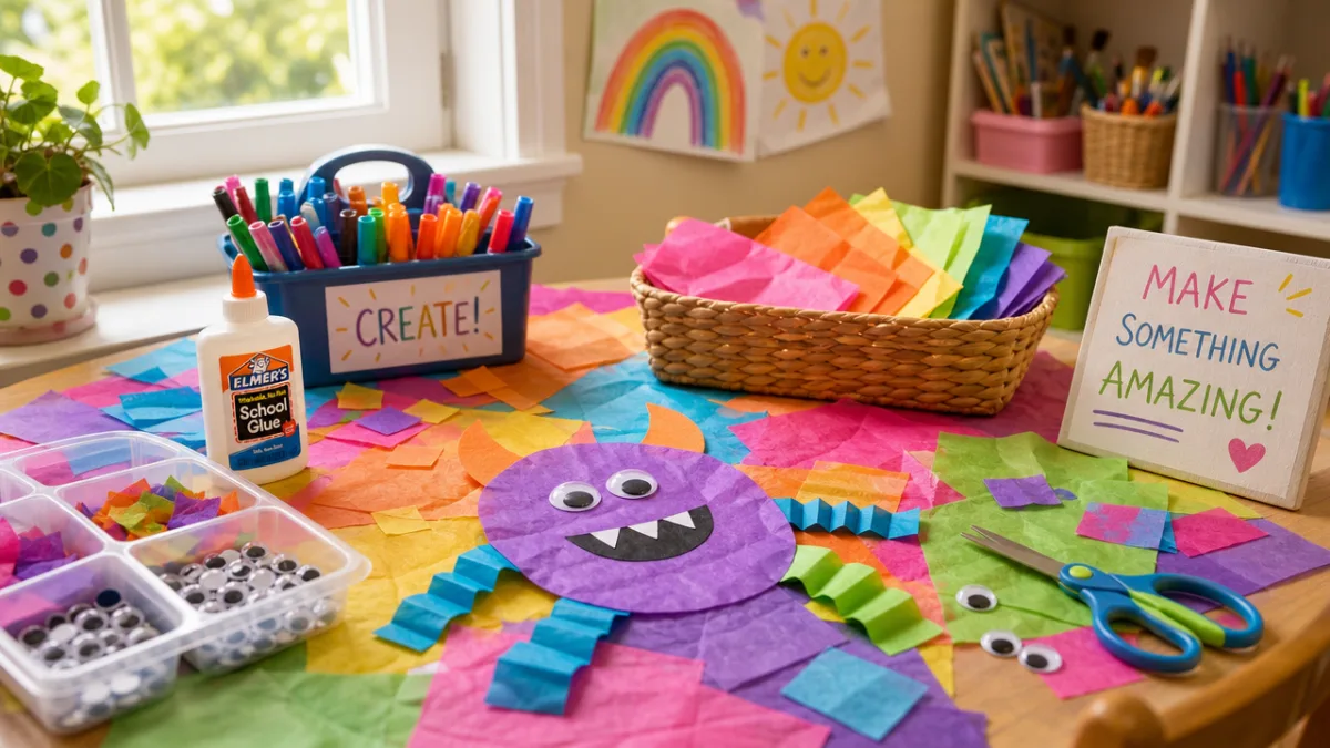 a bright and cheerful art table covered with colorful tissue paper, googly…
