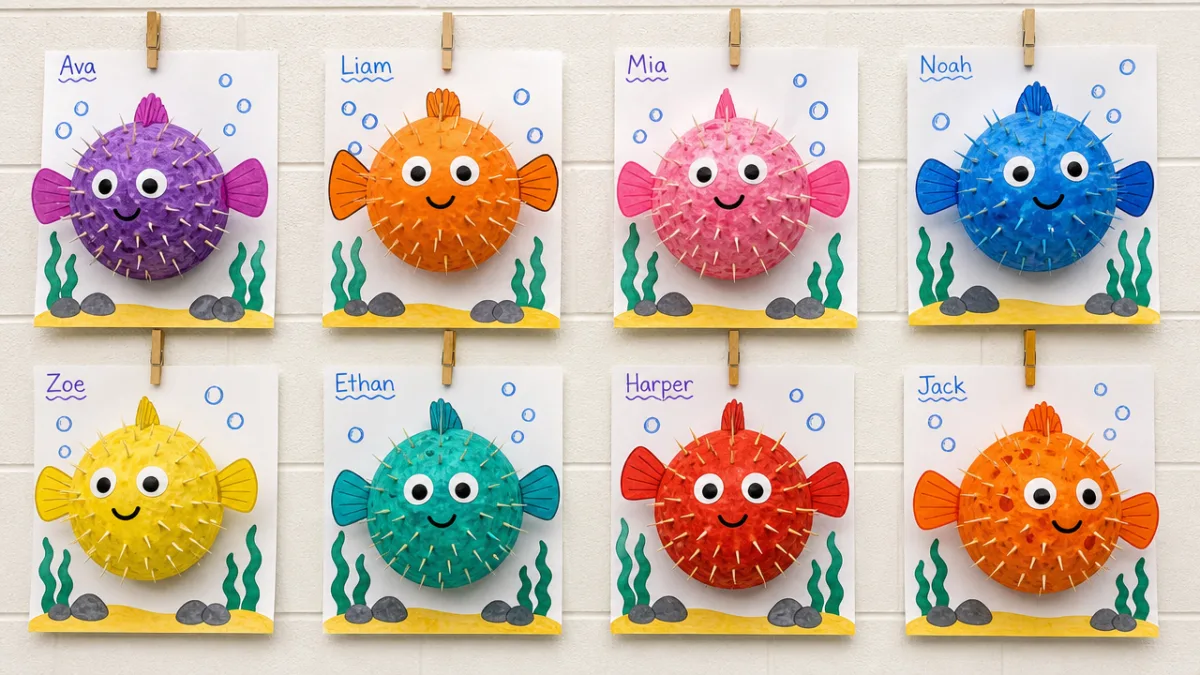 a group of cheerful completed colorful pufferfish crafts displayed on a classroom…