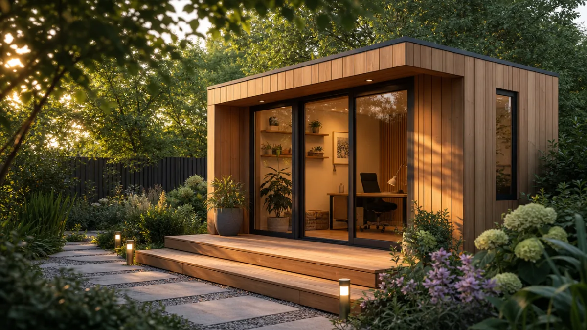 a modern timber garden room surrounded by lush greenery, warm golden-hour lighting…