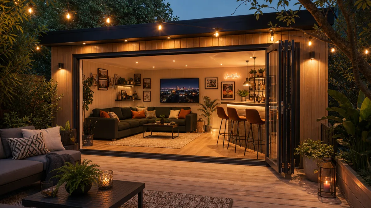 a cozy garden entertainment room with string lights, open bi-fold doors, and…