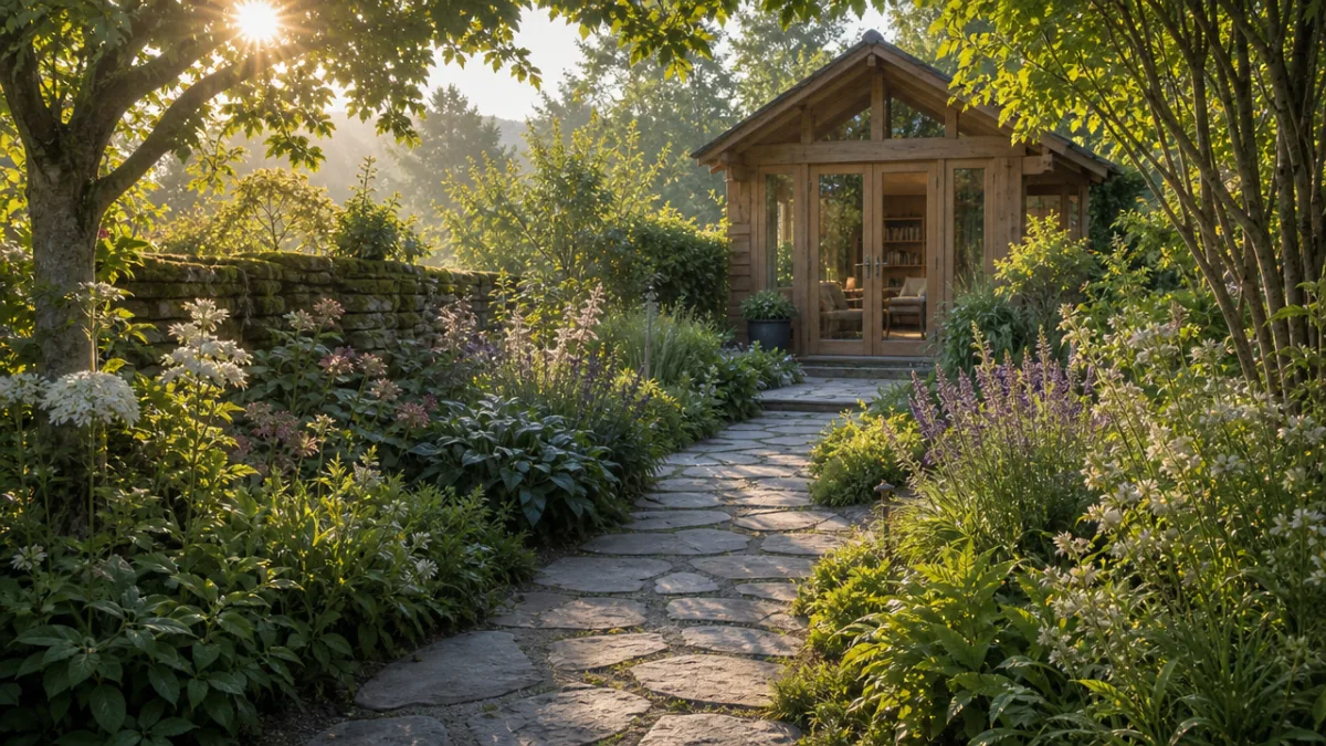 a stone pathway leading through lush garden planting toward a timber garden…
