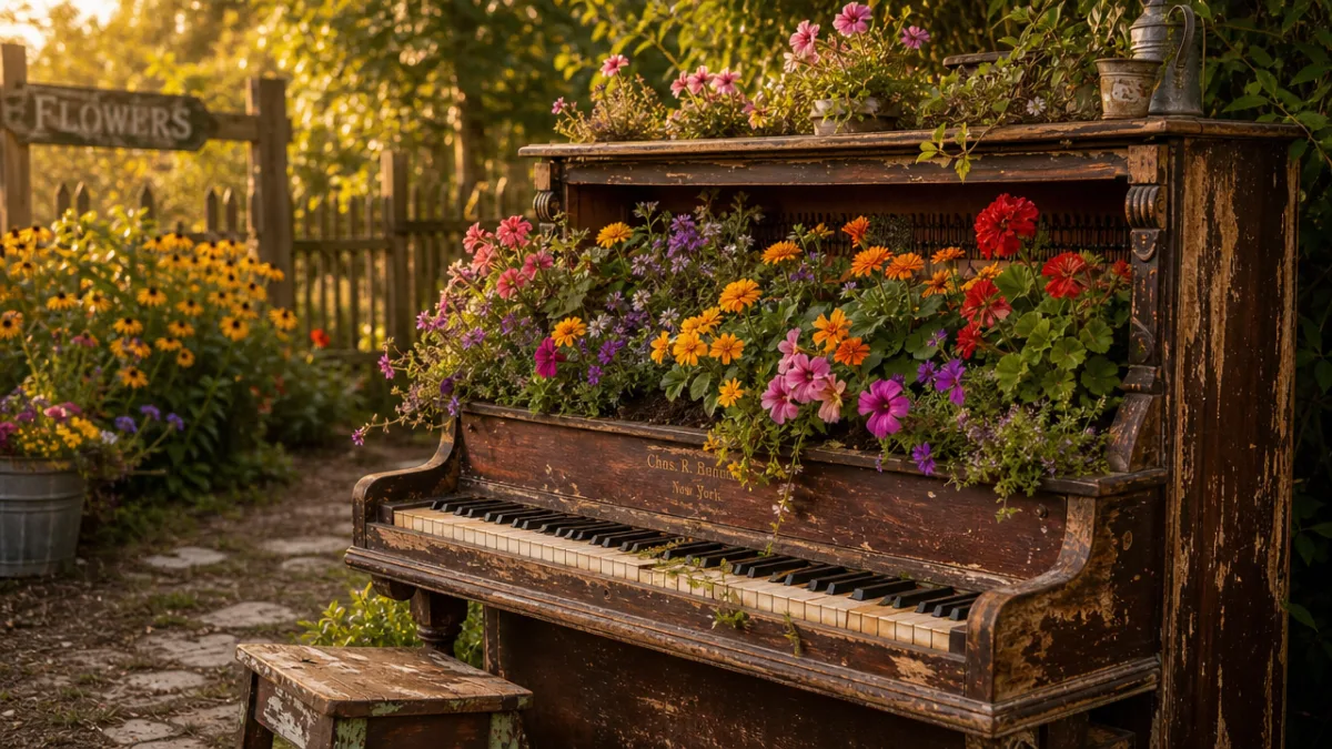 a rustic garden scene with colorful flowers growing inside an old upright…