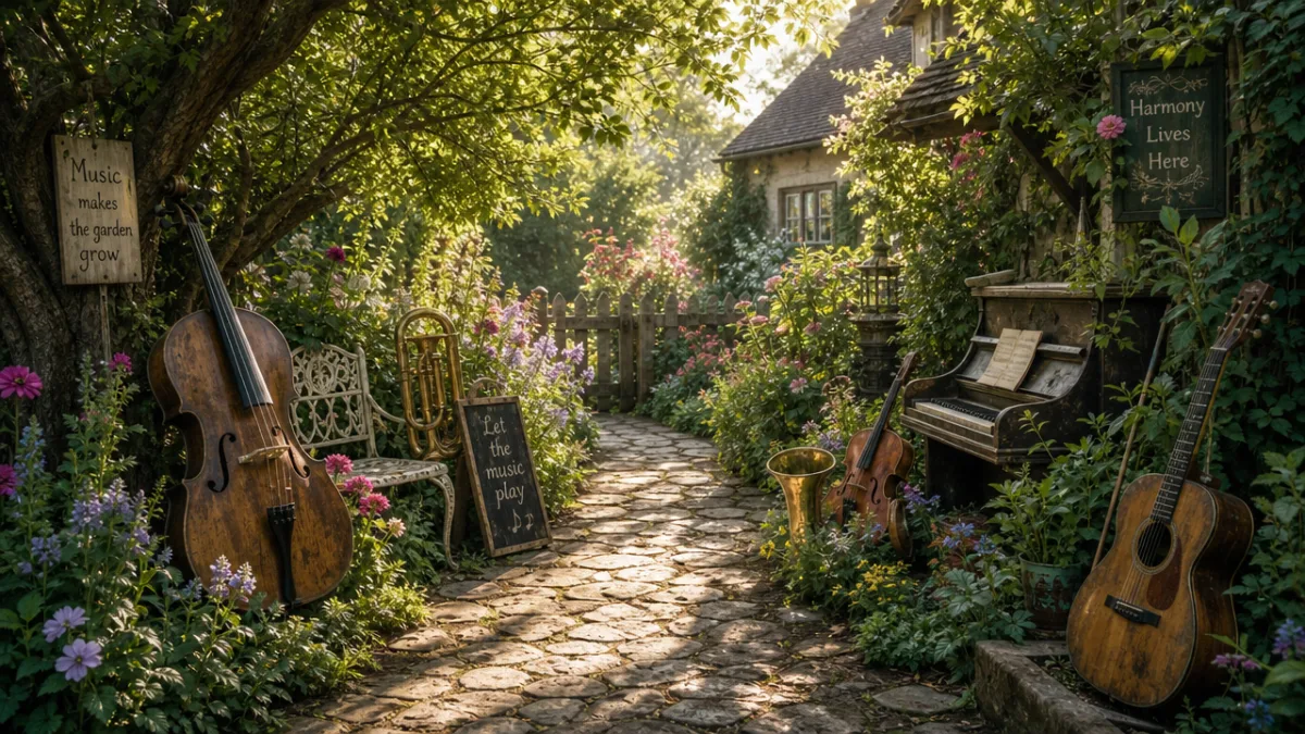 a charming cottage garden pathway lined with vintage musical instruments, soft dappled…
