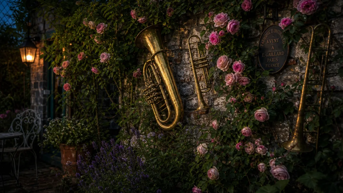 a lush garden corner with vintage brass instruments hung on a stone…