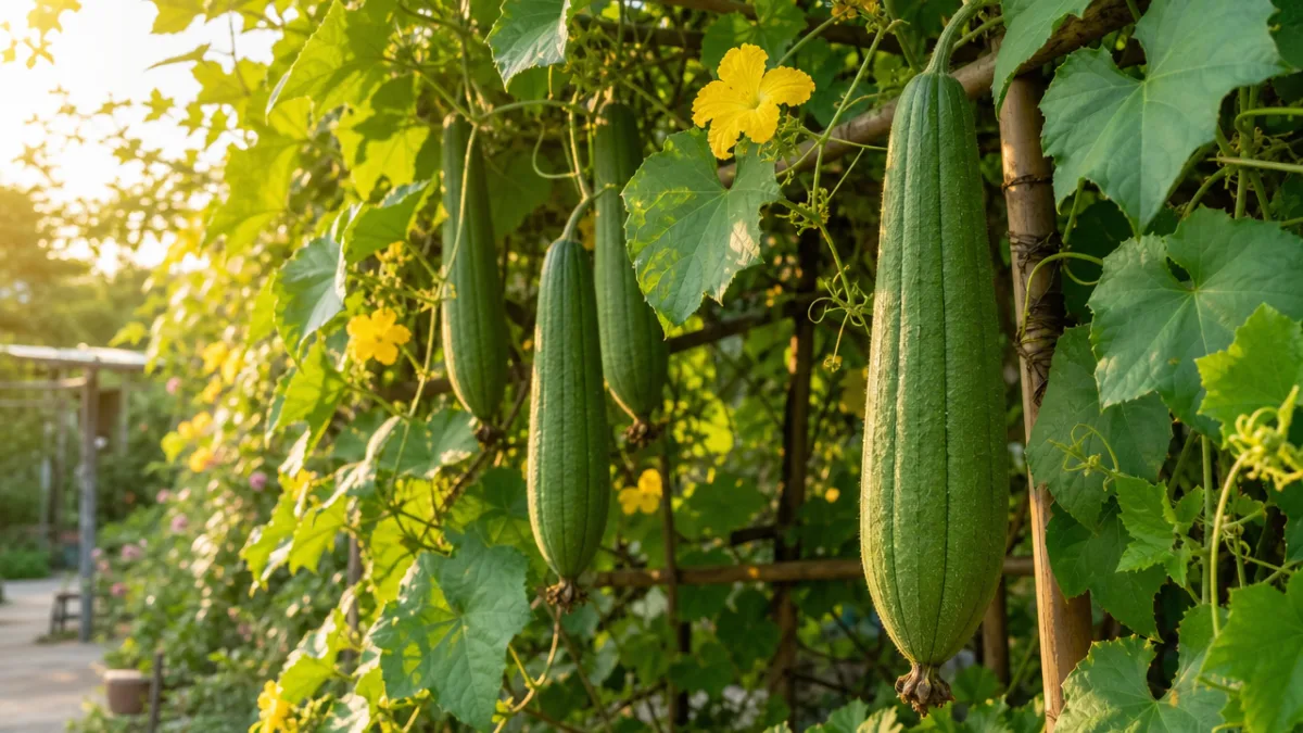 a luffa vine with green mature fruits hanging outdoors in warm golden…