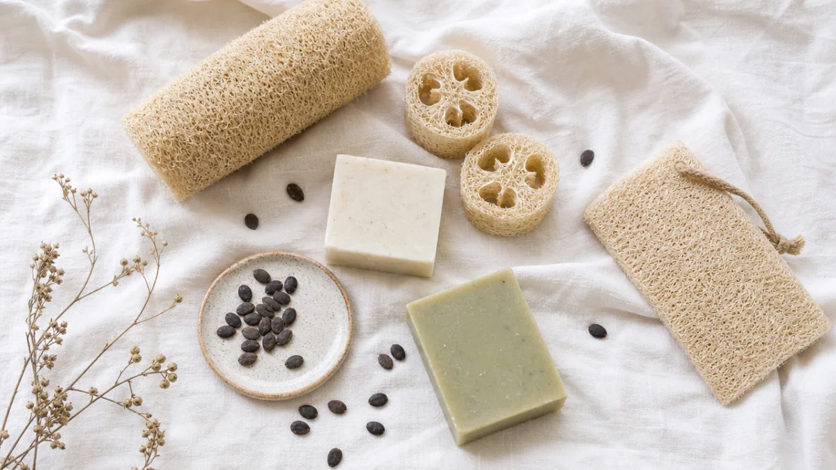 a flat lay of luffa sponges, seeds and soap bars on white…