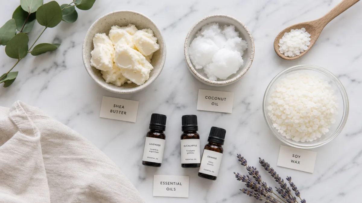 an overhead flat-lay of massage candle ingredients including shea butter, coconut oil,…