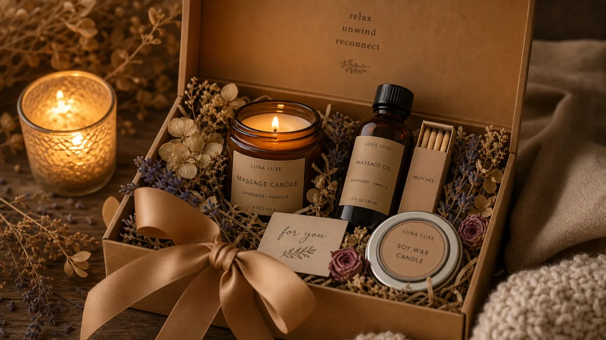 a beautifully arranged massage candle gift set in a kraft box with…