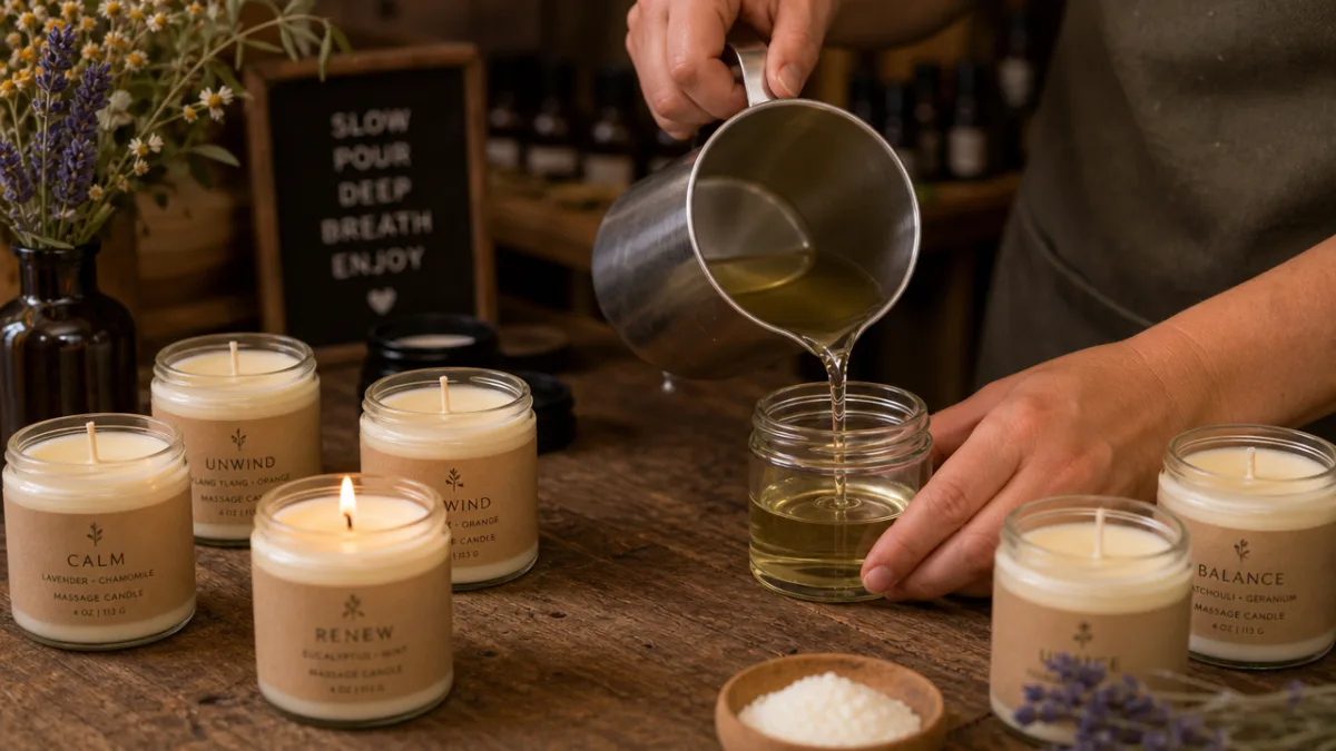 hands pouring warm liquid wax into a small glass jar surrounded by…