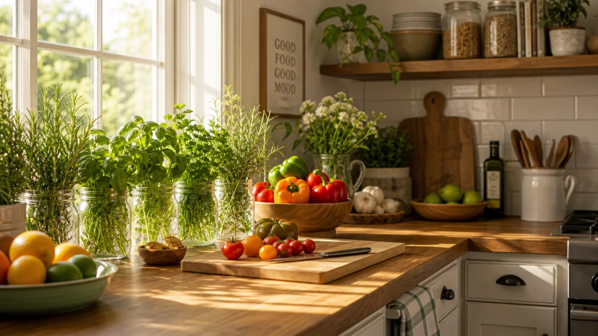 a well-organized kitchen counter with fresh herbs in glass jars, colorful produce,…