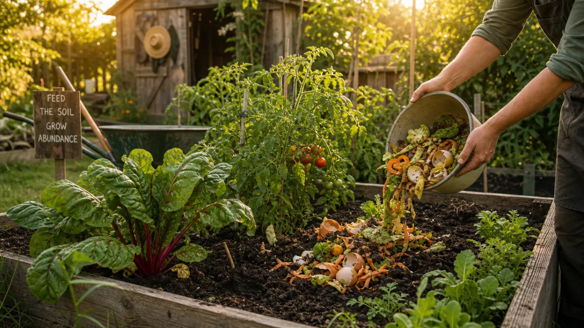a lush vegetable garden bed being enriched with compost and kitchen scraps,…