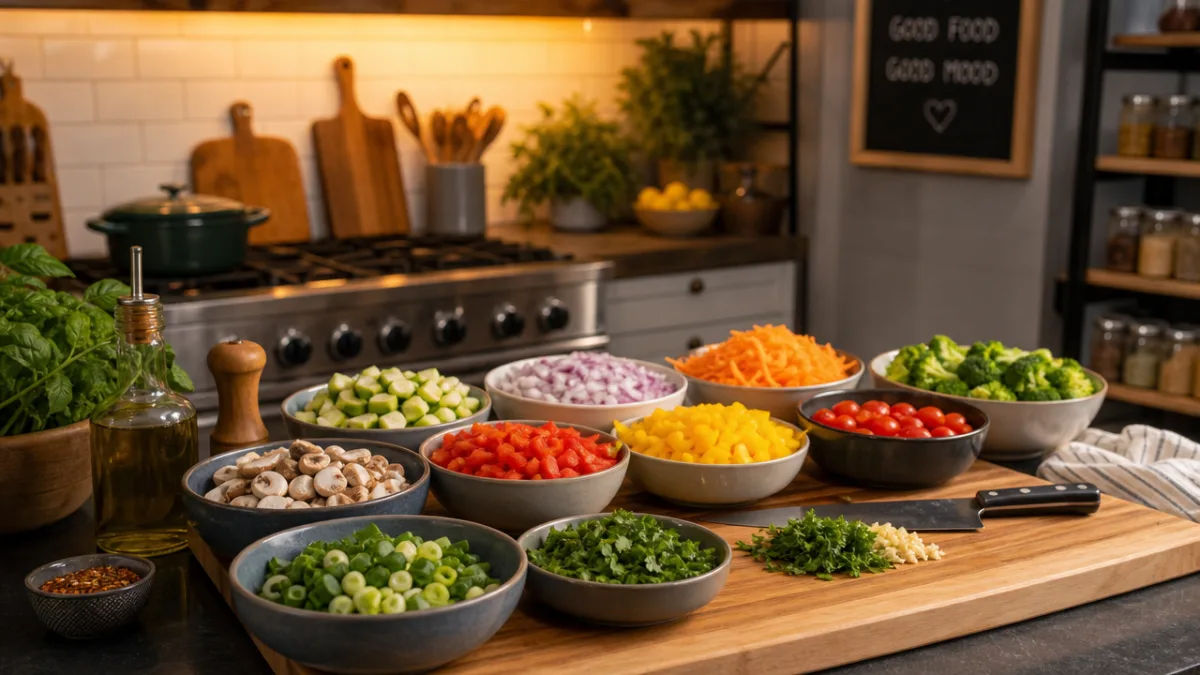 an organized kitchen prep station with colorful vegetables chopped in bowls, warm…
