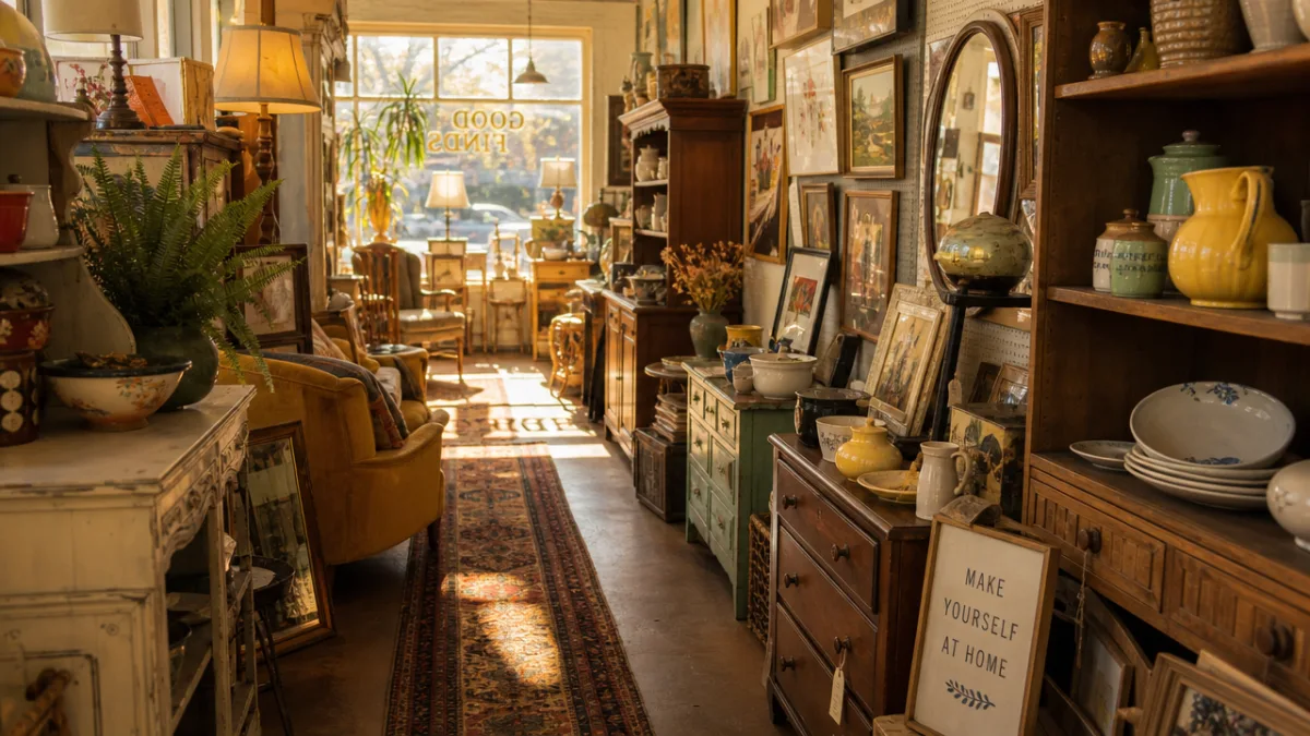 a warmly lit thrift store aisle filled with eclectic vintage furniture, ceramics,…
