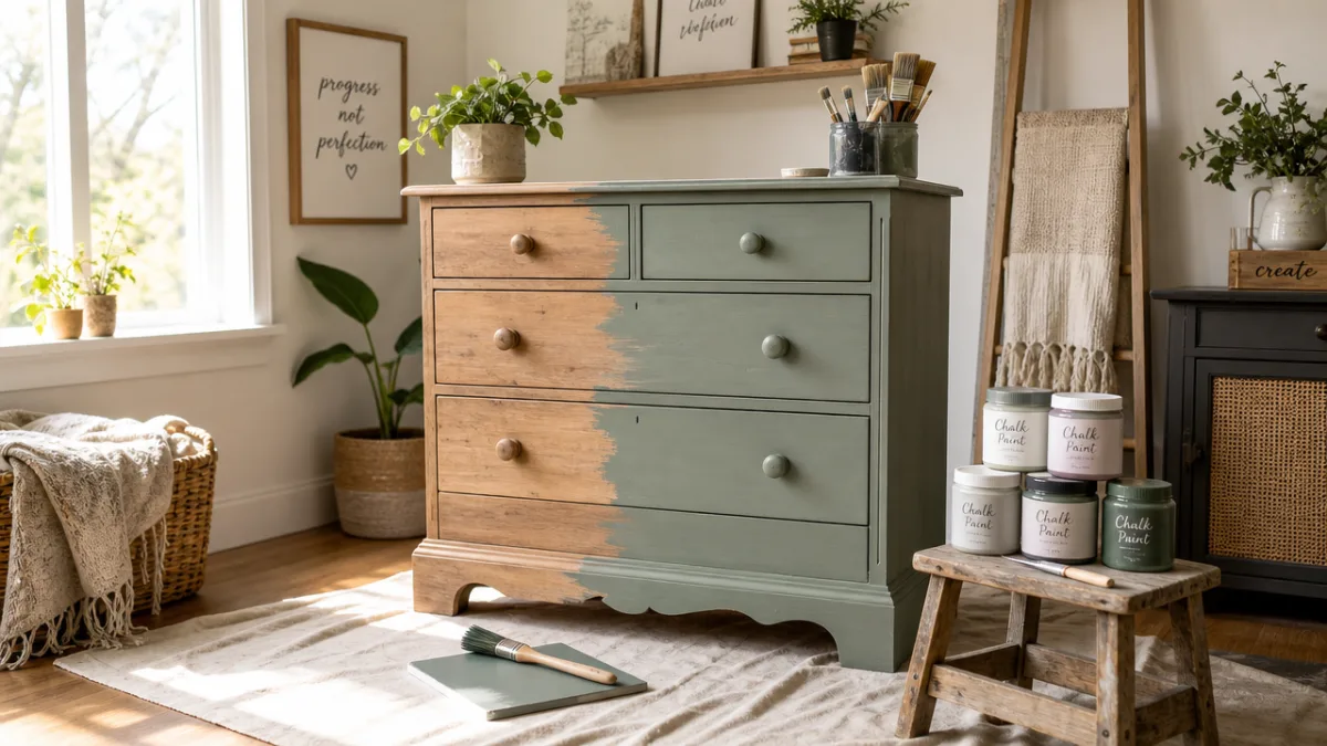 a sunlit home workspace with a half-painted wooden dresser, brushes, and chalk…