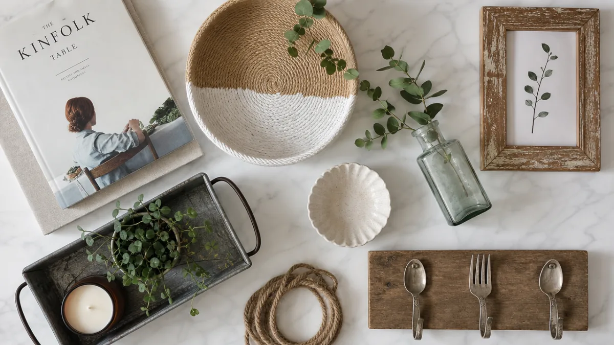 a beautifully styled flat lay of upcycled home decor items on a…
