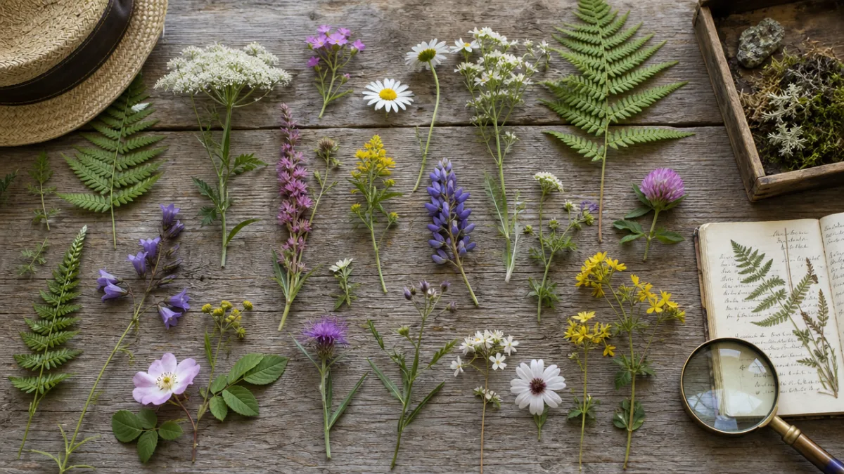 a flat lay of freshly gathered wildflowers, ferns, and botanical specimens on…