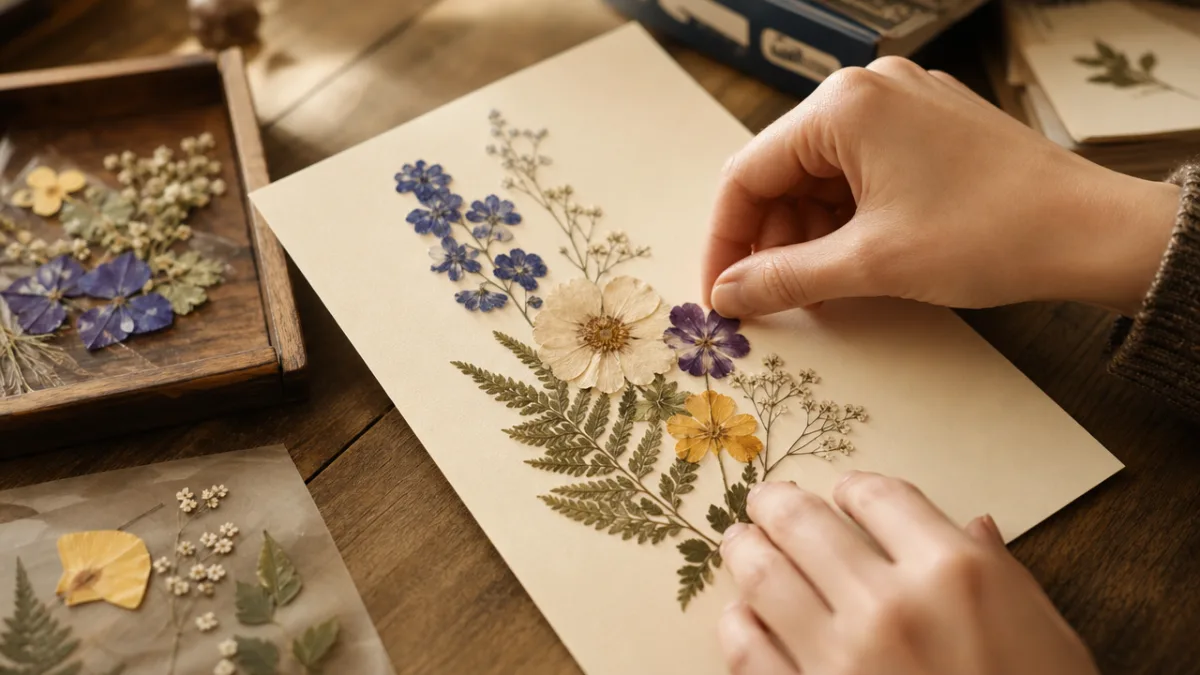 a person's hands carefully arranging pressed flowers on cream paper, warm studio…