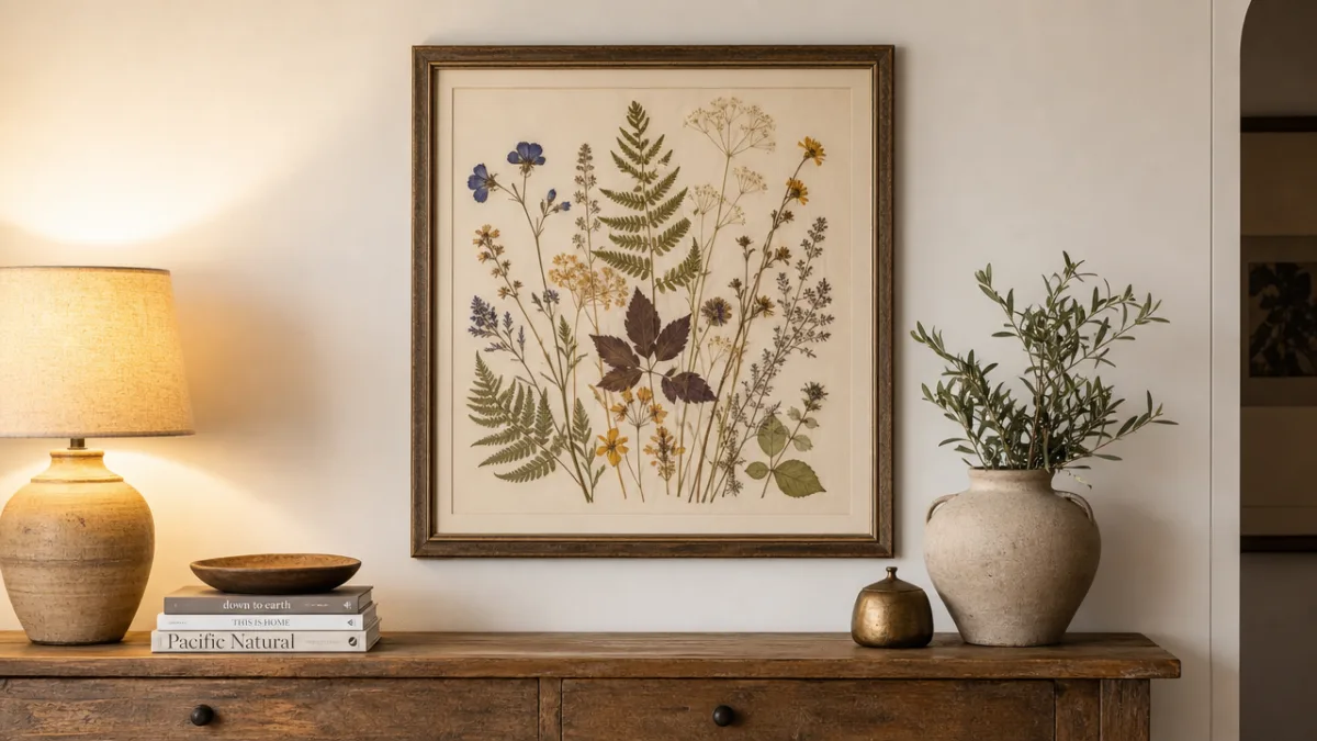 a finished pressed botanical wall art piece hanging on a white wall…