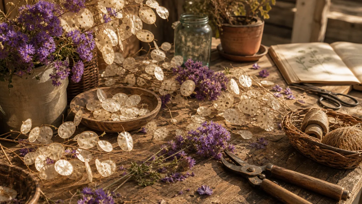 a rustic wooden table covered with Lunaria seed pods, purple flowers, and…