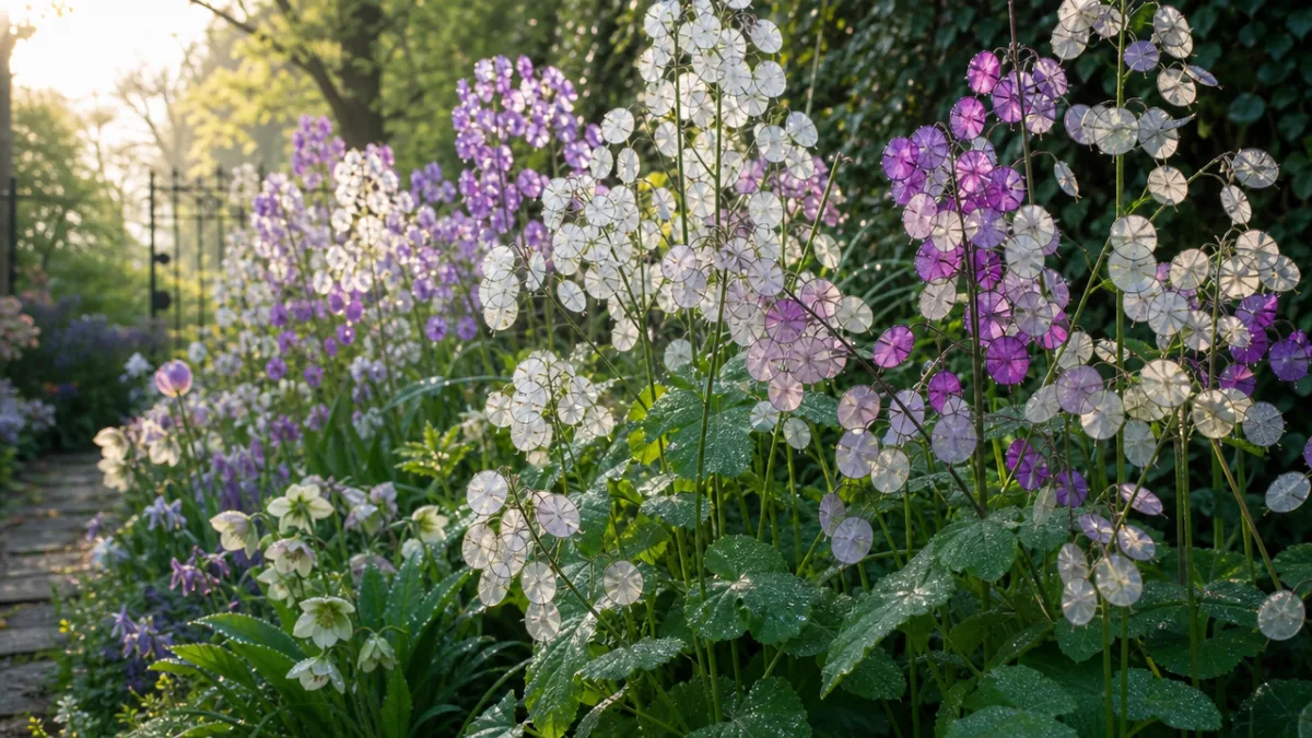 a lush garden border filled with tall flowering Lunaria plants in soft…