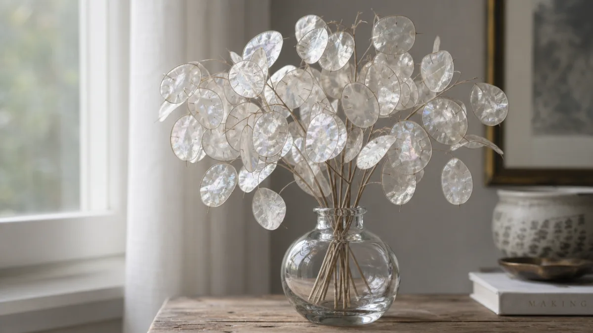 a collection of iridescent silver Lunaria seed pods arranged in a glass…
