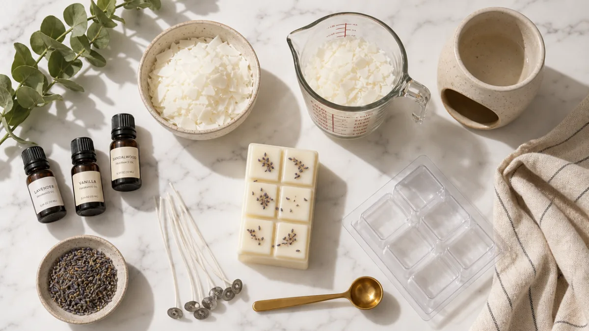 a flat lay of wax melt crafting supplies on a white marble…
