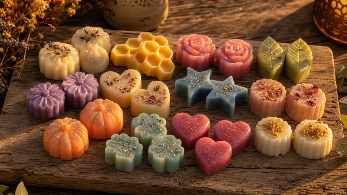 an array of colorful handmade wax melts arranged on a rustic wooden…