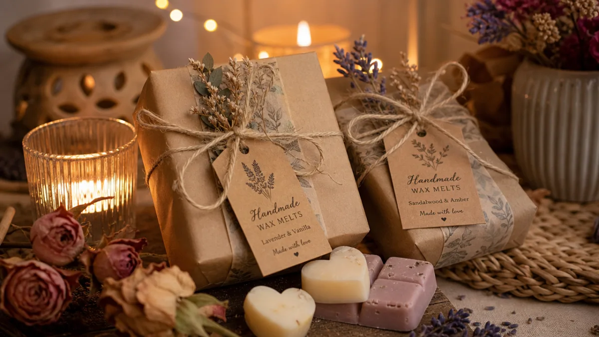 beautifully wrapped handmade wax melt gifts with kraft paper and twine on…