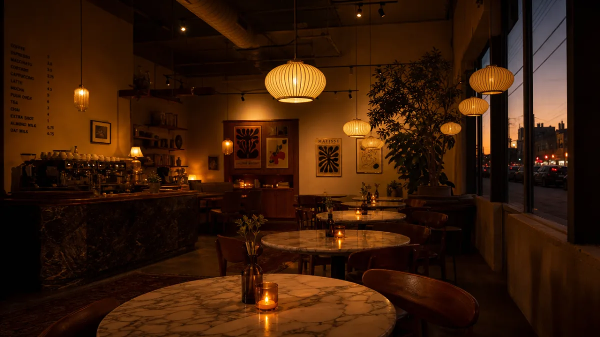 a warm cafe interior at dusk with small mid century lanterns glowing…