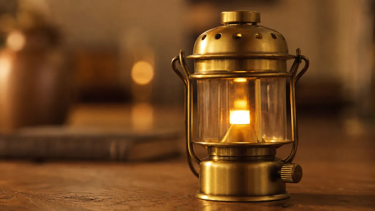 a close-up of a brass mid century small lantern on a wooden…