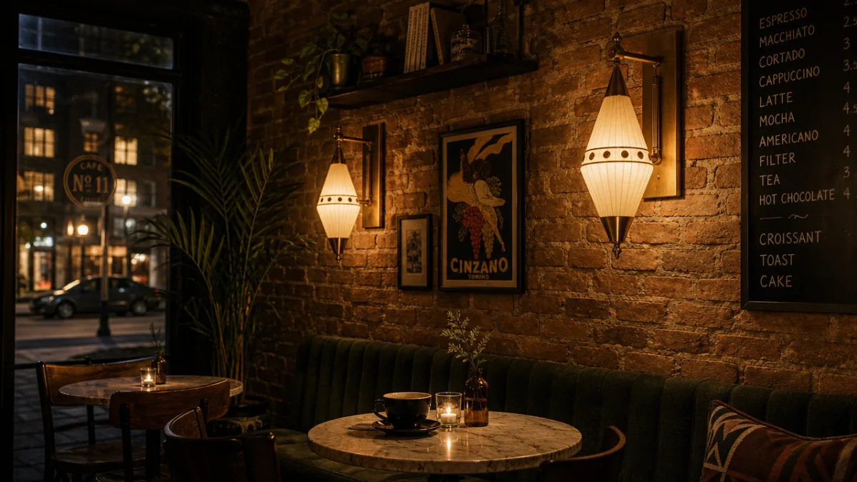 a stylish small cafe corner with vintage-inspired mid century lanterns mounted on…