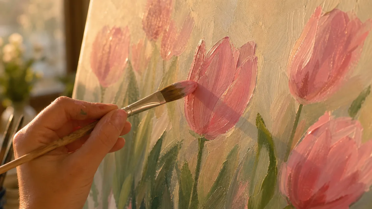a close-up of a hand painting loose pink tulips on canvas with…