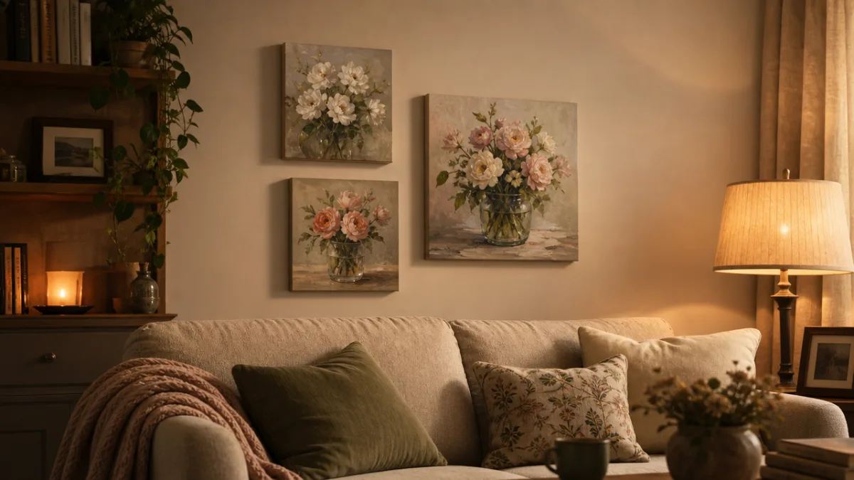 a cosy living room wall displaying three small floral canvas paintings in…