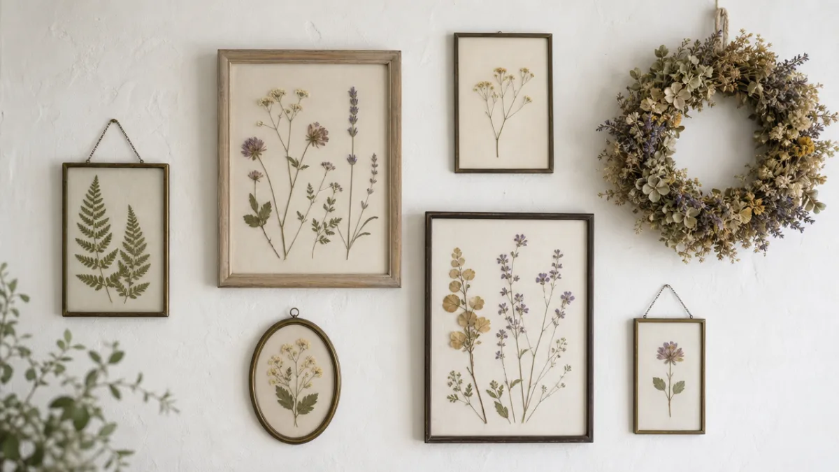 a collection of framed pressed botanical art and a dried flower wreath…