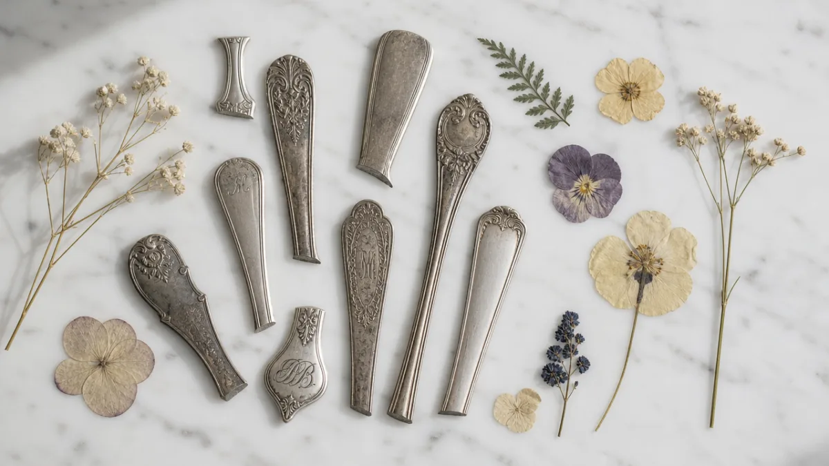 a flat lay of vintage silver spoon offcuts and dried pressed flowers…