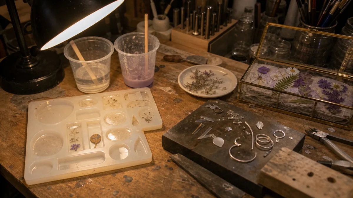 a jewellery maker's workbench with resin moulds, mixing cups, pressed flowers, and…