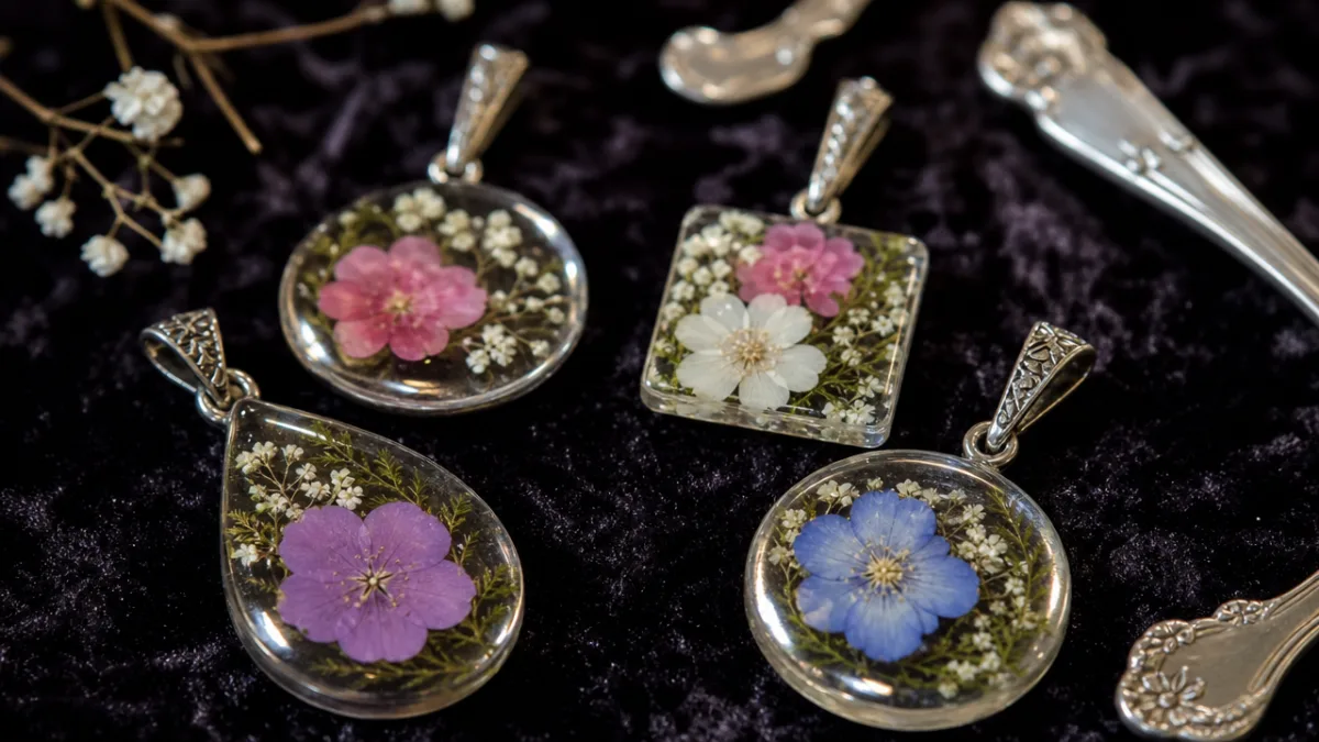 finished resin flower pendants with silver spoon offcuts on a dark velvet…