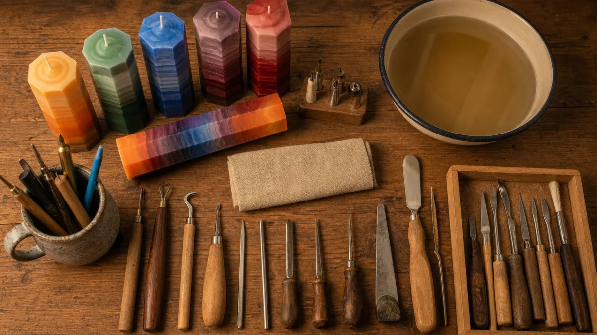 a flat lay of candle carving tools, colorful layered wax candle blanks,…