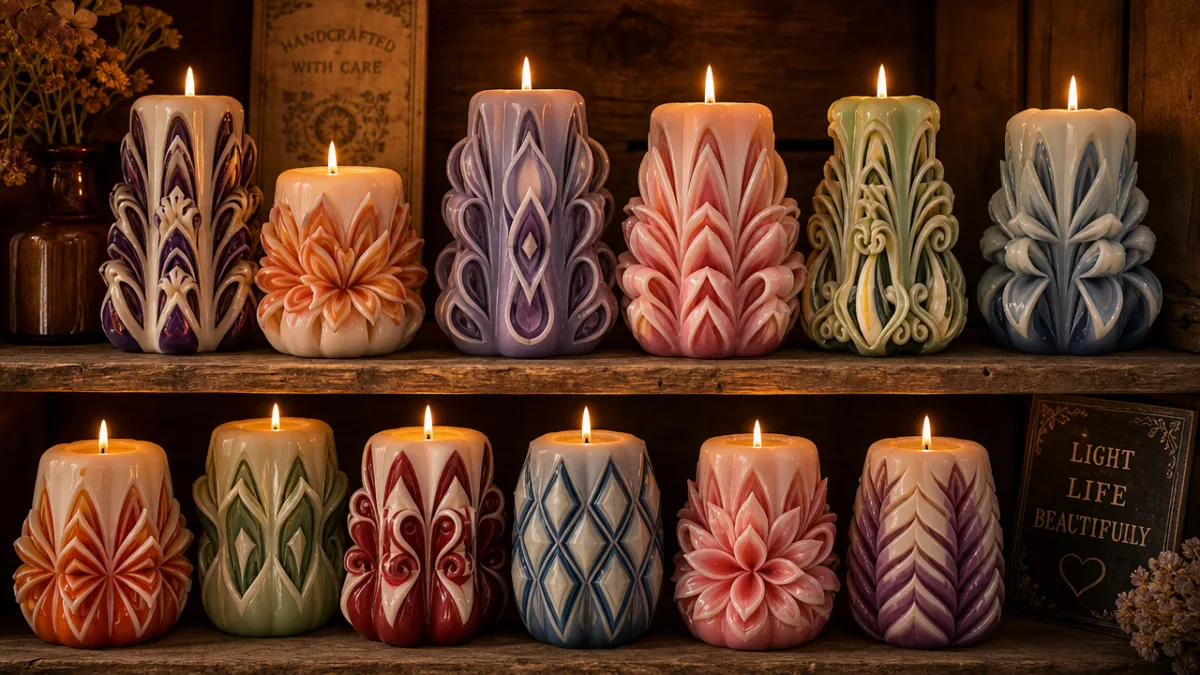 a collection of finished carved candles with petal and geometric designs displayed…