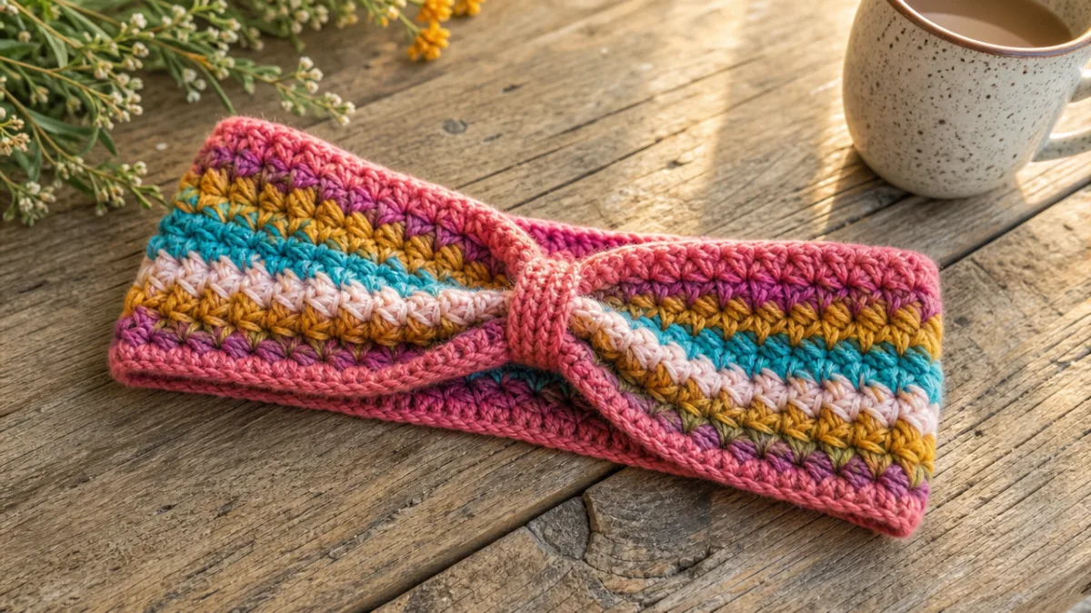 a colorful handmade crochet ear warmer with star stitch detail laid flat…