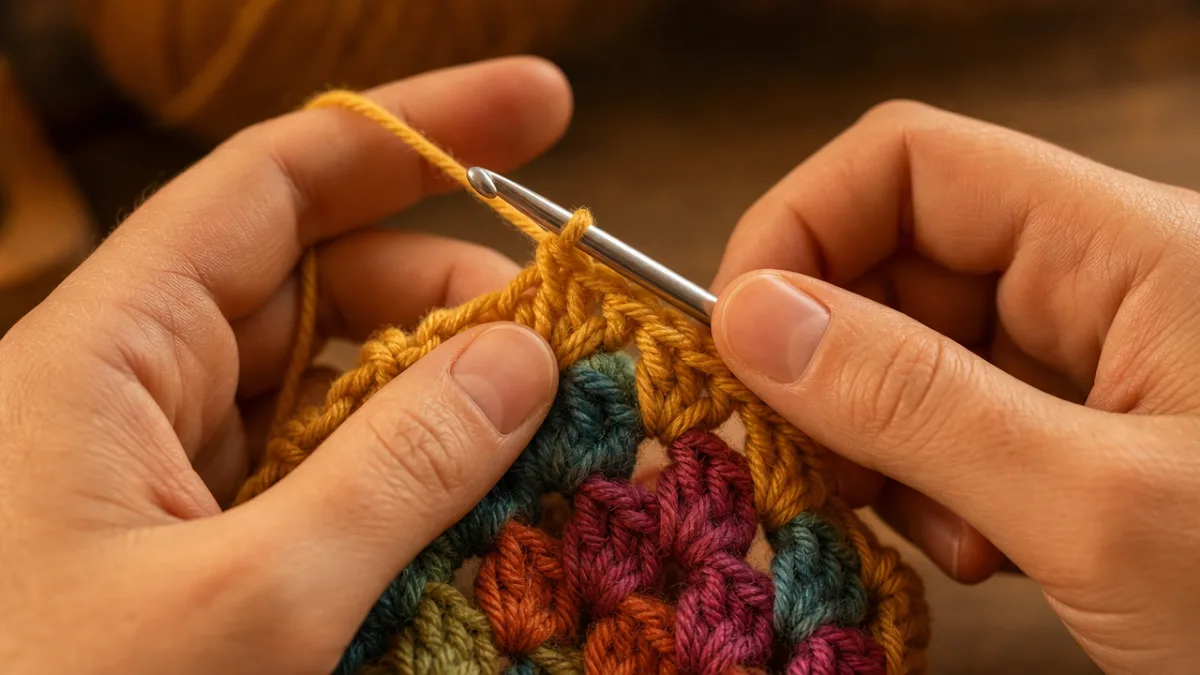 close-up of hands crocheting with colorful yarn and a silver hook, soft…