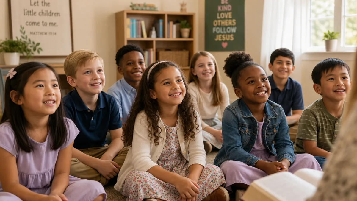 a diverse group of children sitting together in a warm Sunday school…