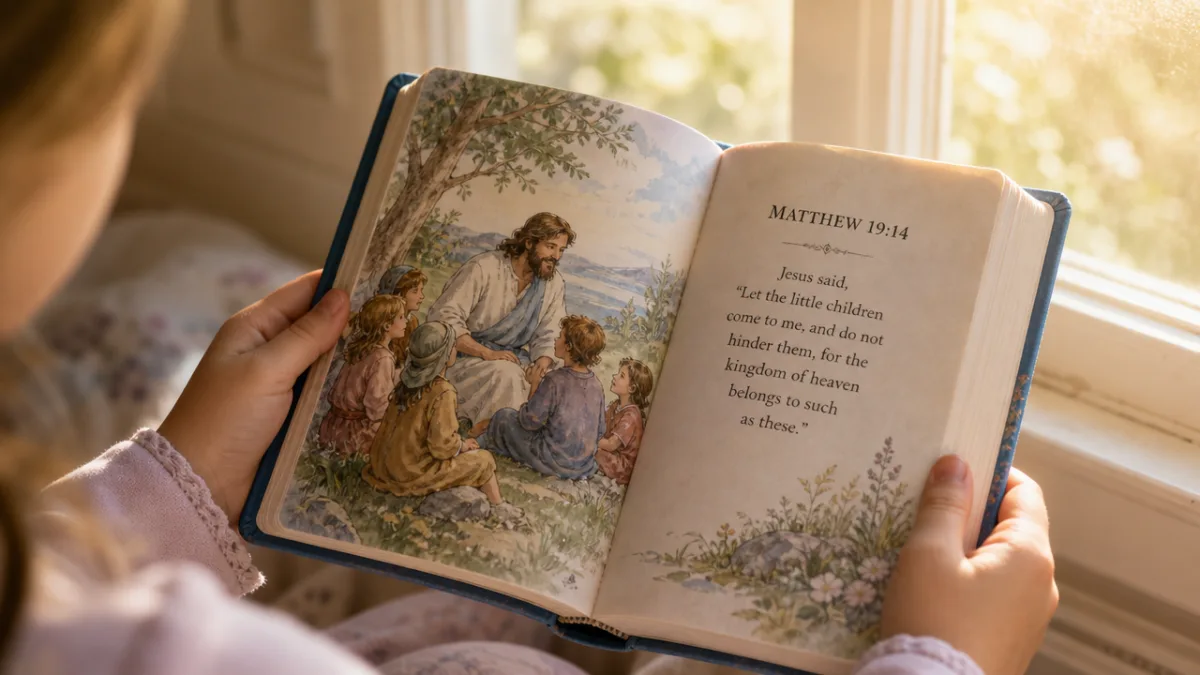 a close-up of a child's hands holding an open illustrated Bible near…