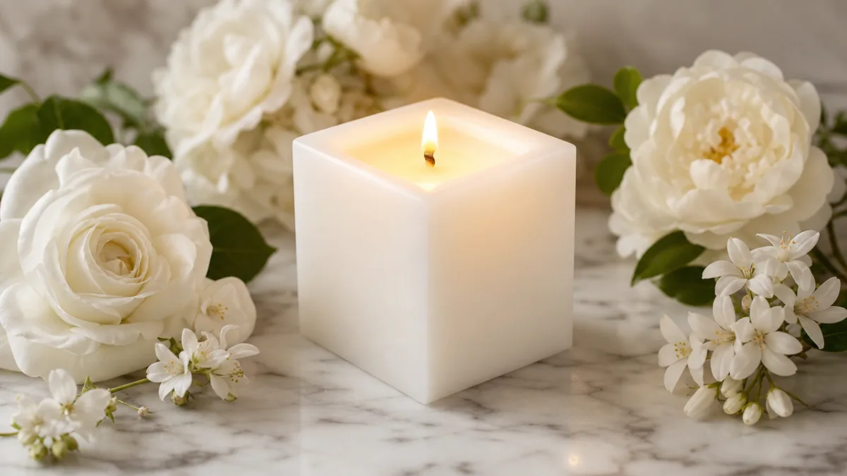 a white square candle glowing warmly on a marble surface surrounded by…
