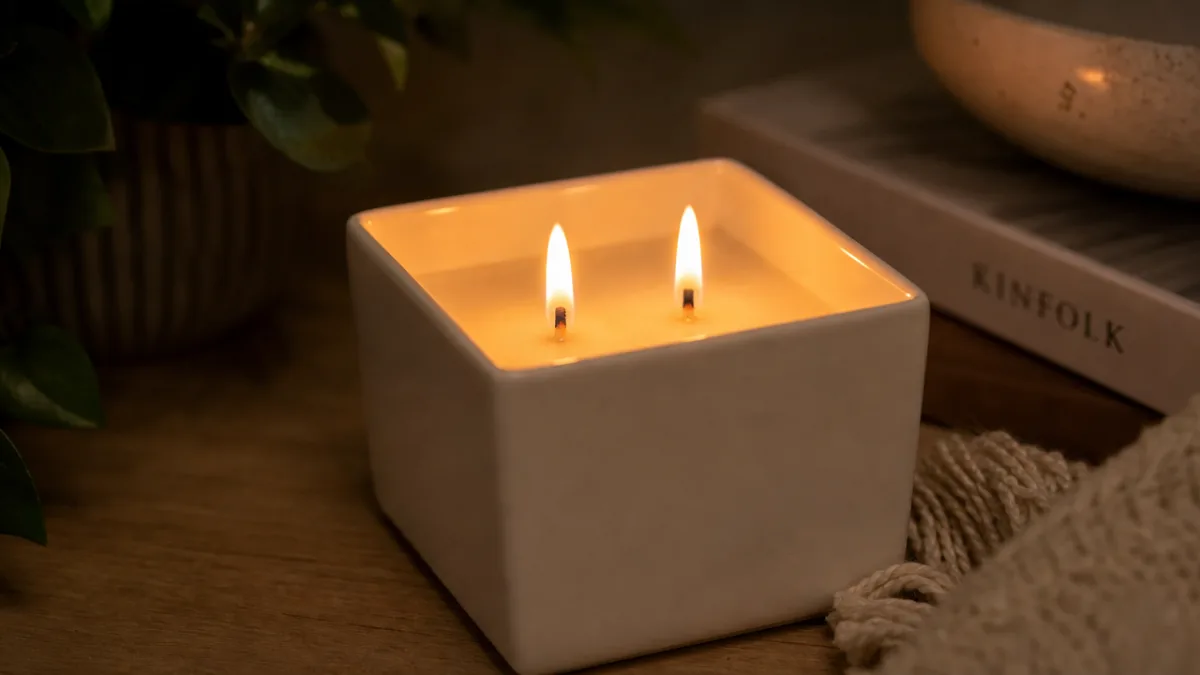 two candlewicks burning with even flames inside a square white vessel, warm…