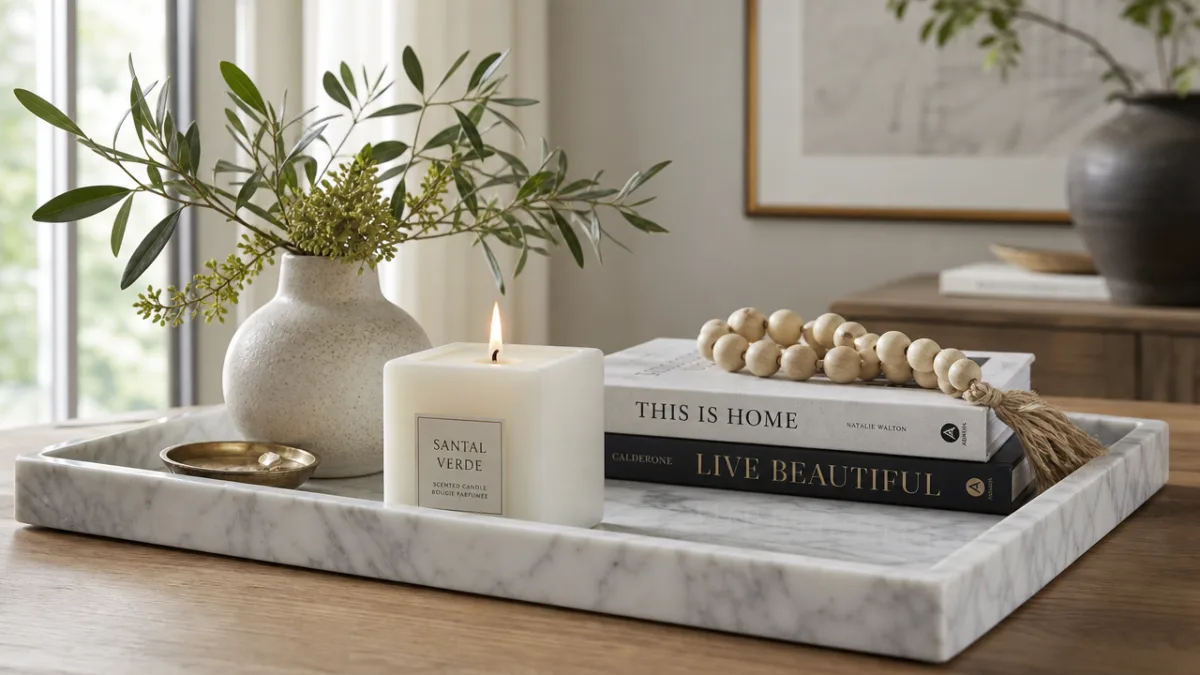 a styled home interior vignette featuring a square white candle on a…
