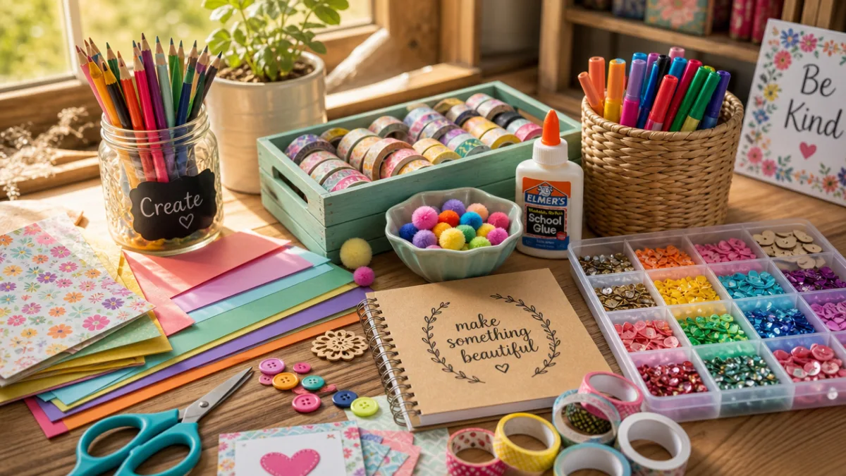 colorful craft supplies spread on a wooden table in warm natural light,…