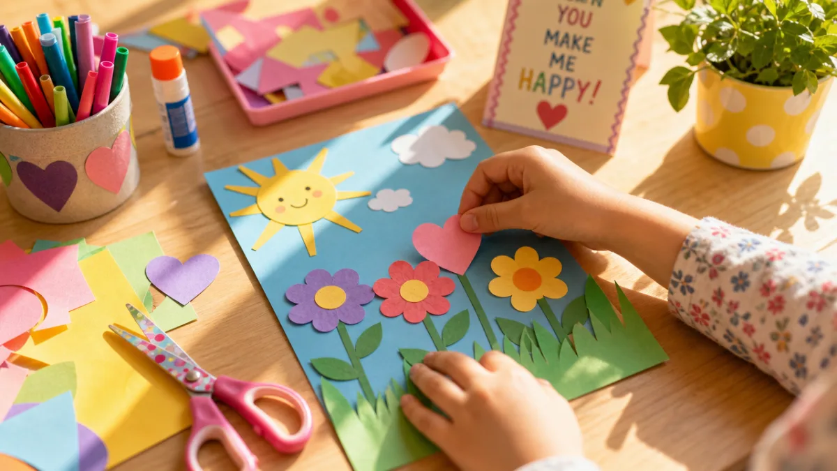 a child's hands creating a colorful paper craft at a bright sunny…