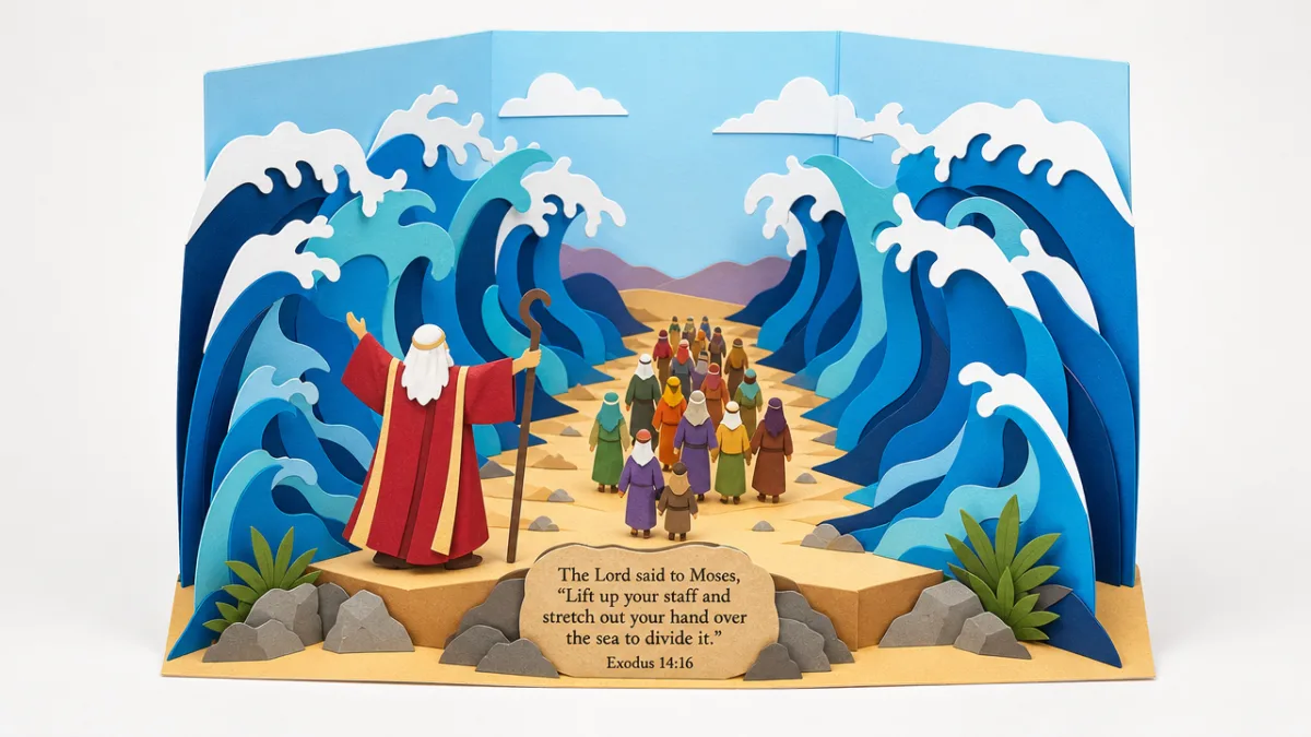 a finished paper craft of parting Red Sea displayed on a light…