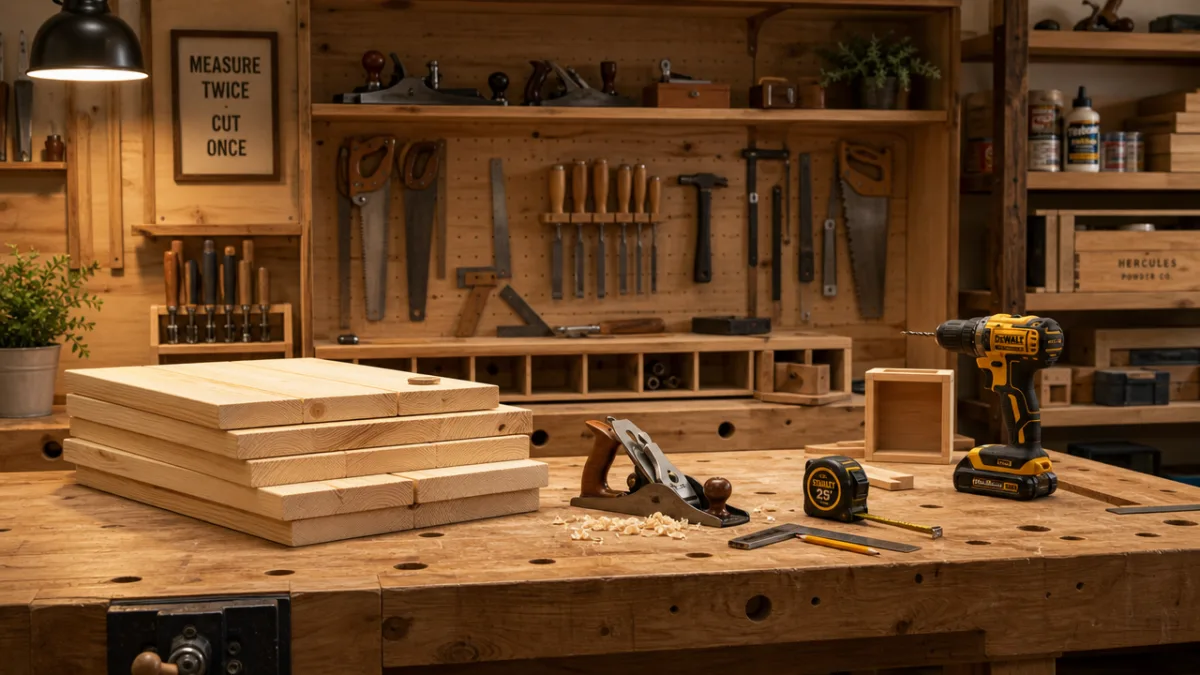 a neatly organized woodworking workbench with pine lumber, hand tools, and drill…